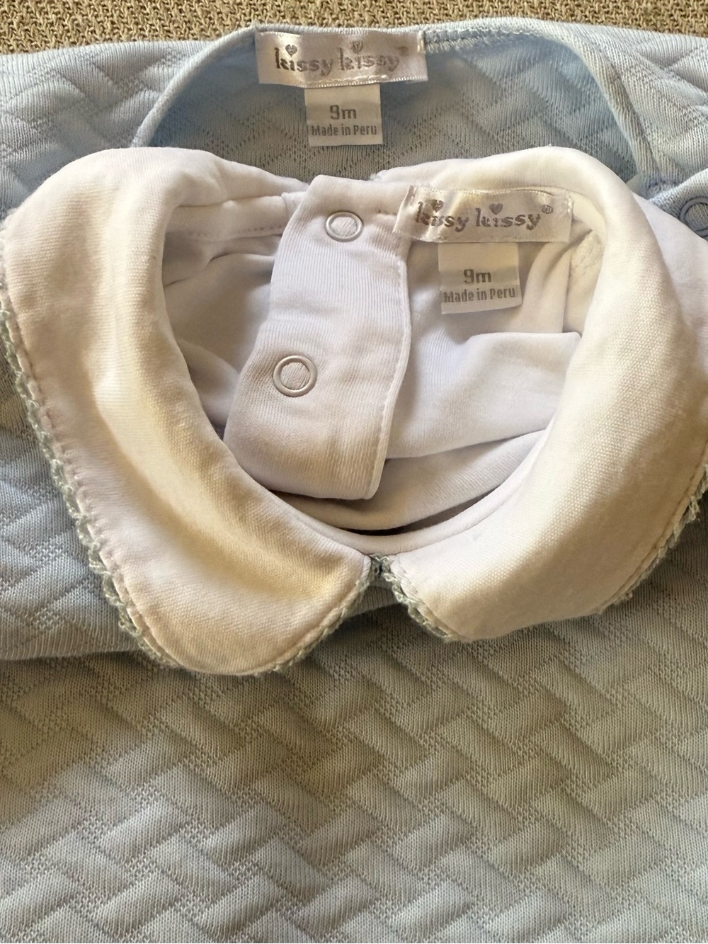 Kissy Kissy Classic Jacquard Overall Set Baby Blue & White Size 9M - Picture 6 of 6